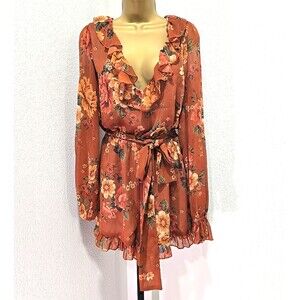 Show Me Your Mumu Raquel Ruffle Romper Lg Brown Floral Whimsical Travel Festival